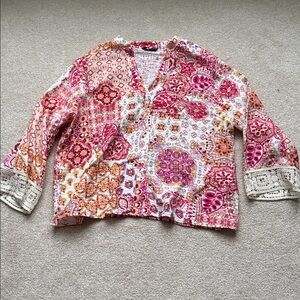 Zara Pink, Orange, Cream Floral Button-down Blouse Size XL